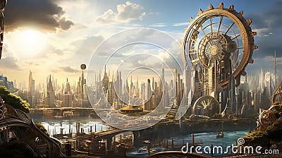 A skyline adorned with towering turbines, their blades spinning in harmony with the wind, harvesting energy for the metropolis Stock Photo