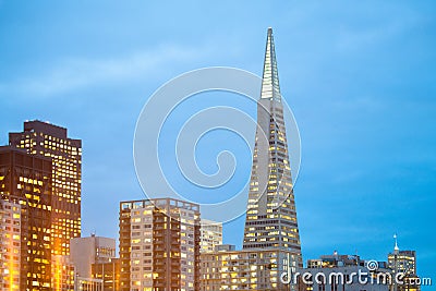 Skyline of buildings at Financial District in San Francisco at night, California Editorial Stock Photo