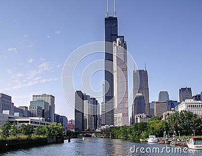 Skyline along the Chicago River, Illinois, IL Stock Photo