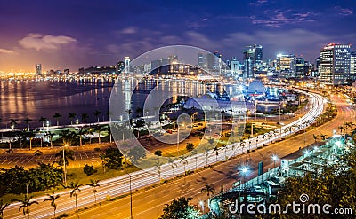 Skyline of capital city Luanda, Luanda bay and seaside promenade with highway during afternoon, Angola, Africa Editorial Stock Photo
