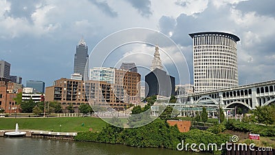 Skyline Cleveland Ohio from the Cuyahoga River Stock Photo