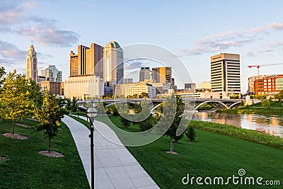 Skyline of Columbus, Ohio from Bicentennial Park bridge at Night Editorial Stock Photo