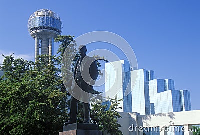 Skyline of Dallas, TX with Reunion Tower, Hyatt Hotel and statue of George Dealey Editorial Stock Photo