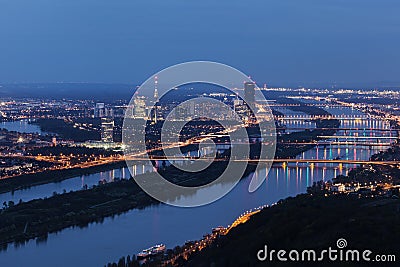 Skyline of Donau City - Vienna DC and bridges on Danube River Stock Photo