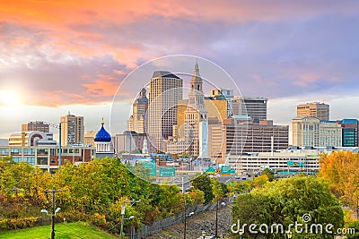 Skyline of downtown Hartford, Connecticut from above Charter Oak Landing at sunset Stock Photo