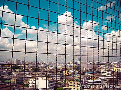 Skyline of downtown in on view from empty floor background , city scape Stock Photo