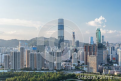 Skyline of downtwon district of Shenzhen city, China. Viewed from Hong Kong border Stock Photo