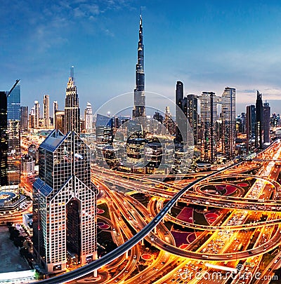 Skyline of Dubai bussines downtown at sunrise, United Arab Emirates Stock Photo