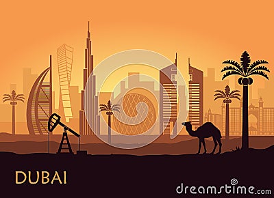 Skyline of Dubai with camel and date palm. United Arab Emirates Vector Illustration