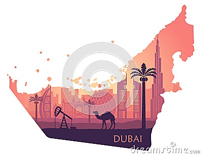 Skyline of Dubai with camel in the form of a map of the United Arab Emirates Vector Illustration