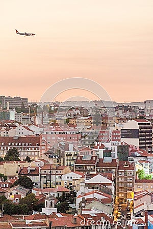 Skyline of evening Lisbon from Miradouro da Graca viewpoint, Portug Stock Photo