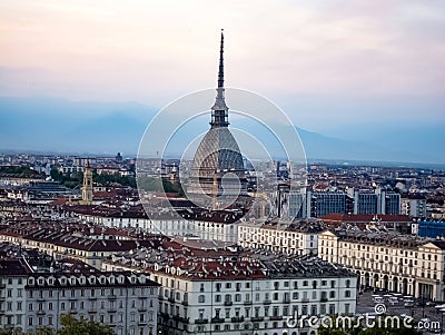 Skyline and evening view of Turin and the dome of Mole Antonelliana Stock Photo