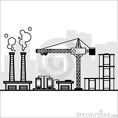 Skyline of factory industry black and white line Cartoon Illustration