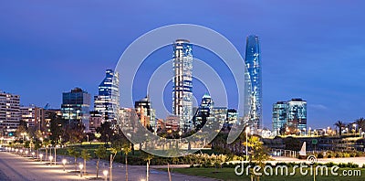 Skyline of Financial District at Providencia from Parque Bicentenario in Vitacura Stock Photo