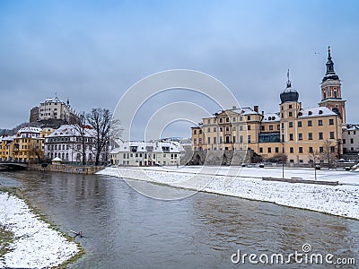 Skyline of Greiz with castle in winter Stock Photo