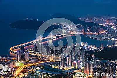 Skyline, GwangAn bridge and Haeundae at night in Busan, Korea. Editorial Stock Photo