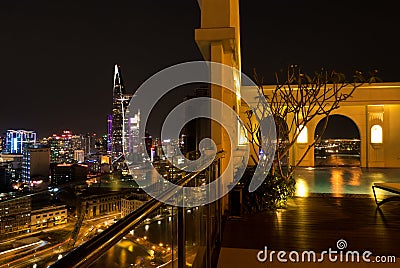 Skyline of Ho Chi Minh city by night with trails of lights, Vietnam Editorial Stock Photo