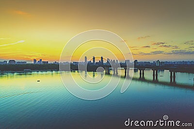 Skyline, Kiev city in the morning, Paton bridge Stock Photo