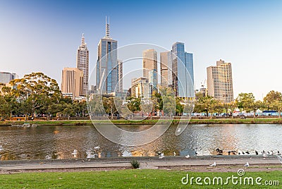 Skyline of Melbourne at dusk time, Australia Stock Photo