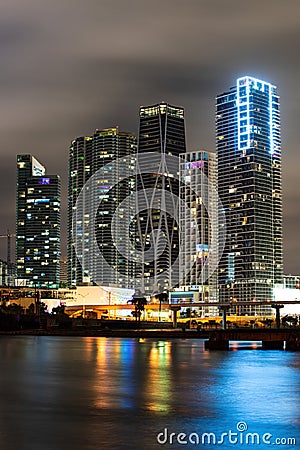Skyline of miami biscayne bay reflections, high resolution. Miami city night. Editorial Stock Photo