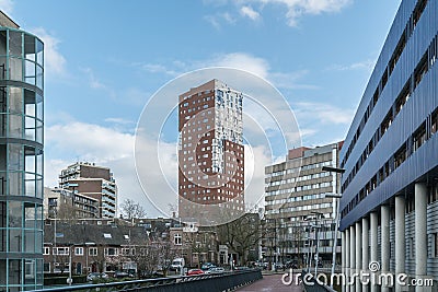 Skyline of Nijmegen from bicycle bridge Snelbinder Stock Photo