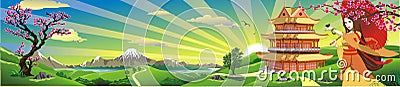 Skyline - panorama. Sunrise over Japan. Vector Illustration