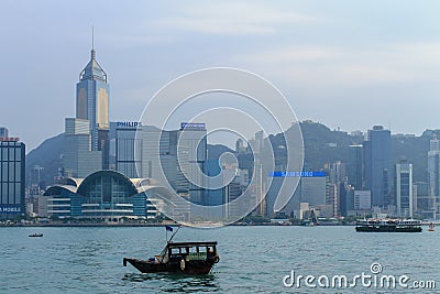 Skyline Panorama with Victoria Bay, Star Ferry and Hongkong Island in the background. Taken from Kowloon. Hong Kong, China, Asia Editorial Stock Photo