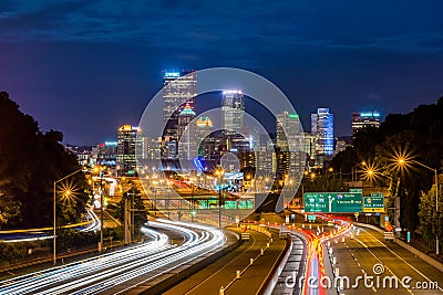 Skyline of Pittsburgh, Pennsylvania from the Highway at Night Editorial Stock Photo