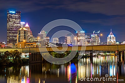 Skyline of Pittsburgh, Pennsylvania at Night on the David McCullough Bridge Editorial Stock Photo