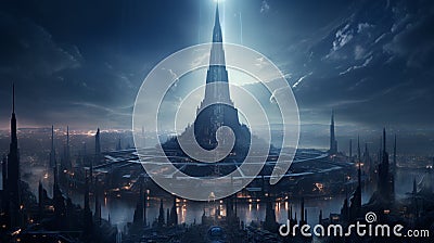 A skyline punctuated by towering obelisks adorned with intricate circuitry, pulsating with the rhythm of a digital heartbeat Stock Photo
