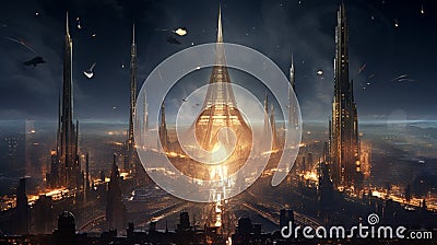 A skyline punctuated by towering obelisks adorned with intricate circuitry, pulsating with the rhythm of a digital heartbeat Stock Photo