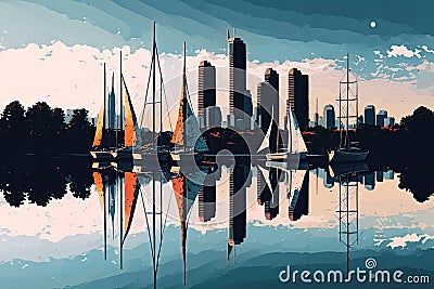 skyline reflected in reservoir, with sailboats floating on the water Stock Photo