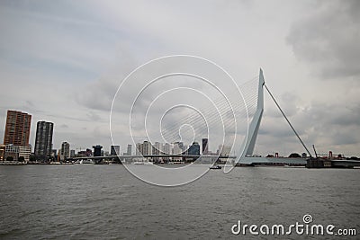 skyline of river Nieuwe maas in the middle of Rotterdam with the Erasmusbrug bridge with nickname the Swan Editorial Stock Photo