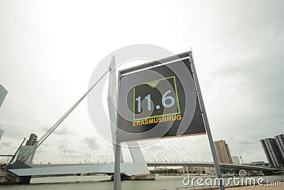 skyline of river Nieuwe maas in the middle of Rotterdam with the Erasmusbrug bridge with nickname the Swan Editorial Stock Photo