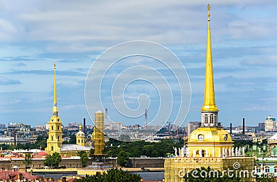 Skyline of Saint Petersburg, Russia. Golden spires of Admiralty and Peter and Paul Cathedral Stock Photo