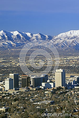 Skyline of Salt Lake City, UT with Snow capped Wasatch Mountains in background Editorial Stock Photo