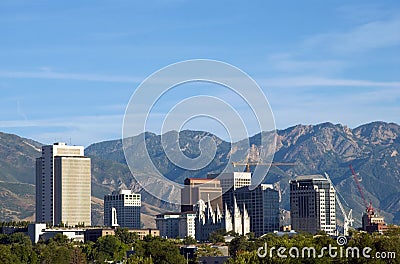 Skyline of Salt Lake City, Utah framed by the Wasatch Mountains Stock Photo