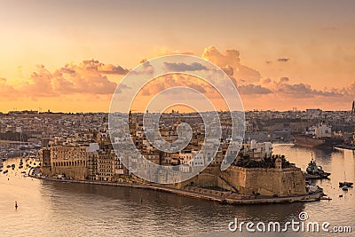 Skyline of Senglea at sunrise,Malta. One of Three Cities in Grand Harbour Stock Photo