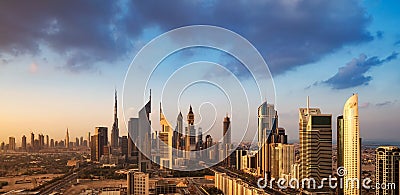 A skyline view of Dubai, UAE showing the buildings of Sheikh Zayed Road and DIFC Editorial Stock Photo
