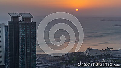 The skyline of West Bay and Doha City Center during sunrise timelapse, Qatar Editorial Stock Photo