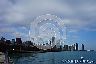 Skyscapers and skylin of Chicago and Lake Michigan from Milennium Park Editorial Stock Photo