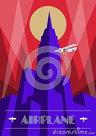 Skyscraper and airplane poster in art deco style. Vintage travel illustration Vector Illustration