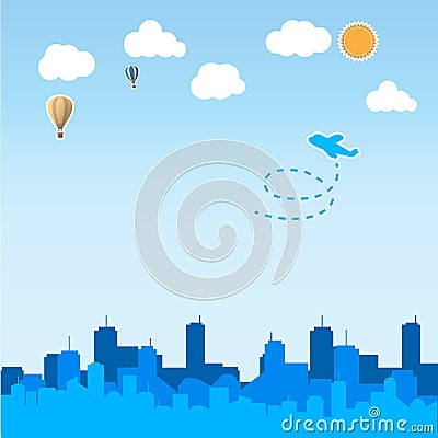 Skyscraper background with airplane and balloon Vector Illustration