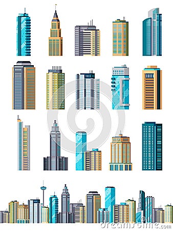 Skyscraper buildings. Modern building flat office city apartment, house residential block, exterior business town Vector Illustration