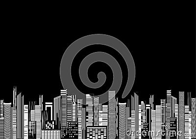 Skyscraper in the city in the night, vector, horizontal, black and white image Vector Illustration