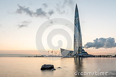 Skyscraper Lakhta center on the shore of the Gulf of Finland at sunset. Lahta-center. Stock Photo