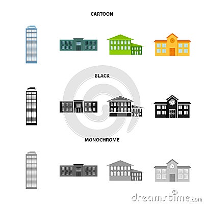 Skyscraper, police, hotel, school.Building set collection icons in cartoon,black,monochrome style vector symbol stock Vector Illustration