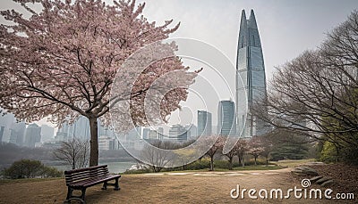 Skyscraper and tree, city life in nature generated by AI Stock Photo