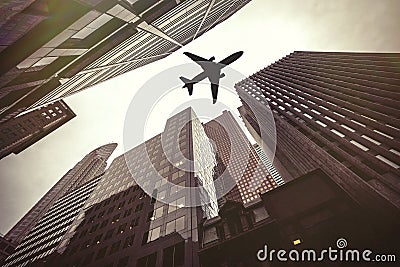 Skyscrapers and airplane. Air safety Stock Photo