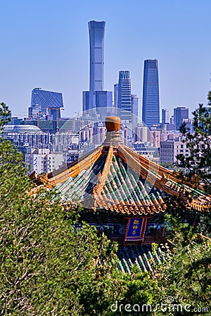 Skyscrapers of Central business district in downtown Beijing, view from Jingshan Editorial Stock Photo